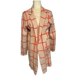 Calligraphie Orange Beige Plaid Long Sleeve Knit Cardigan Sweater Medium